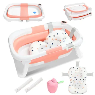 Ansobea Baby Badewanne mit Integriertem Thermometer, Faltbare Babybadewanne mit Rutschfestem Ständer, Baby Wanne mit Badematte, Badewanneneinsatz Baby für Neugeborene Kleinkinder, Rosa