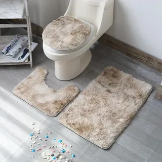 DAZZLEEX 3-teiliges Badematten-Set, rutschfeste Badematten und WC-Vorleger, Badezimmerteppich-Set, Matte mit WC-Deckelbezug (Khaki)