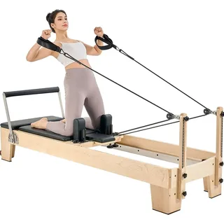 Vevor Pilates Reformer Heim-Fitnessgerät aus Holz, Pilatesbank mit doppeltem Widerstand – Federn und Seile, mit Sitzbox, Gewicht bis 181,44 kg