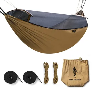 FREE SOLDIER Camping Taktische Hängematte Tarp Kit-2 Person leichte wasserdichte tragbare Schaukel mit Moskitonetz Regen fliegen Zelt Plane 2X hängende Bänder für Wandern(Braun, 282cm*103cm)