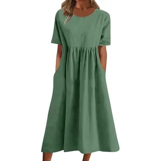 Strandkleid Damen Sommer Knielang: Sommerkleid Damen Lang Einfarbig Etuikleid Vintage Tshirt Kleid Italienische Sommerkleider Kurzarm Strandkleider A-Linie Boho Kleider Casual Midikleid-Leinenkleider - Medium