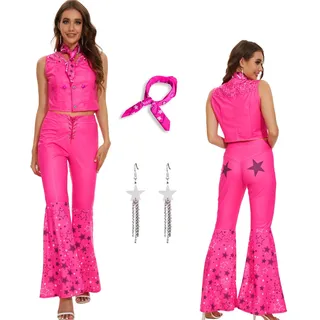 AYYOHON Cowgirl Kostüm 70er 80er Jahre Hippie Disco Outfits Rosa Weste Top Flare Pant Halloween Margot Robbie Cosplay für Frauen 2XL