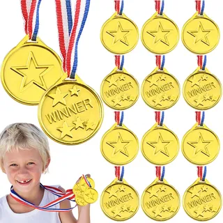 GOLDGE 12 Stück Medaillen Kinder Gewinner Medaillen Gold Kunststoff Medaille Kindergeburtstag für Party, Kindergeburtstag Spiele, Sportstag Wettbewerbe, Preisen Awards