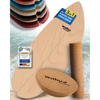 WAHU Balance Board Nature | 3in1 Set | Surf Balance Board aus 100% Holz mit Rocker Shape & Rolle | Gleichgewichtstrainer für Kinder & Erwachsene | Fitness & Spaß Zuhause