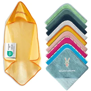 Kapuzenhandtuch Baby mit Namen Bestickt, Oeko-TEX® Standard 100 - Personalisiertes Babyhandtuch mit Kapuze aus Reiner Baumwolle mit gesticktem Namen und Motiv (Gelb, 80 x 80 cm)