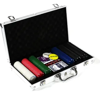 Nexos Trading Pokerkoffer Poker-Set mit 300 Poker-Chips im Alu Koffer mit 2 Schlüssel Silber inkl. 2 Kartendecks 1 Dealer Button 5 Würfel