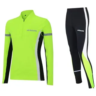 Airtracks Damen Winter Fleece Thermolaufset (2-tlg.) Laufshirt Langarm + Laufhose Lang schwarz M