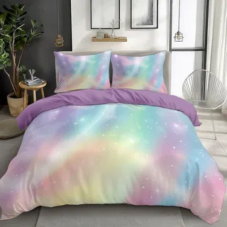 CozyRest Bettwäsche 135 x 200 cm Lila Bettbezug und 80x80 Kissenbezug, Wendebettwäsche Set Muster Traumhafter Farbverlauf Regenbogen Weiche Microfaser für Mädchen Kinder