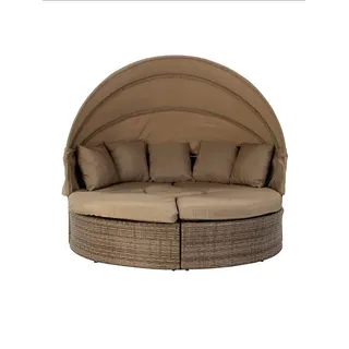 Wohnando Garten-Essgruppe Garten-Sonneninsel "Sol", Gartenlounge-Set 172x172x142cm (BxTxH), (3-tlg), Rattan Lounge inkl. Dach, beige, Loungebett, Gartenmöbel beige|braun