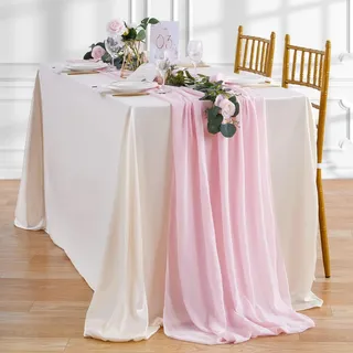 Tischläufer Chiffon,70x300 cm Tischband Rosa Stoff Tüll Waschbar Tischdeko Hochzeit Table Runner Romantisch Halbdurchsichtig Lang Stoff-Tischdecke für Boho Hochzeit Geburtstage Party Indoor & Outdoor