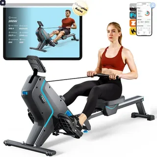 MERACH klappbares Rudergerät – leise Magnetbremse, 16 Stufen, LCD-Display & Tablet-Halter, Kinomap-App, gepolsterter Sitz, Ganzkörper-Workout - Schwarz