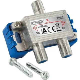 Schwaiger SAT-Verteiler 719482 (verteilt ein Single auf zwei Teilnehmer), für Kabel-, Antennen- und Satellitenanlagen silberfarben