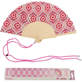 Fisura – Handfächer mit Tribal-Muster. Trendiges Holzaccessoire in Rosa, leicht und robust, mit praktischer Trageschlaufe, kreative Geschenkidee für Festival und heiße Tage, 42,5 x 23 cm