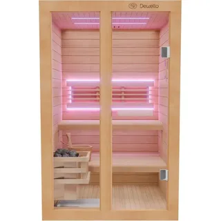 Dewello Finnische Sauna TOFINO 120x140 Kabine aus Hemlock Tannenholz mit 3,5 kW Harvia Ofen, inkl Sauna Set
