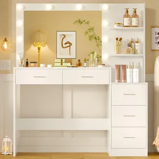 FIONESO 110cm Großer Schminktisch mit großem Spiegel und LED-Leuchten, Schminktisch mit 5 Schubladen, 2 offene Regale, Kosmetiktisch für Mädchen, Frauen und Schlafzimmer, Weiß