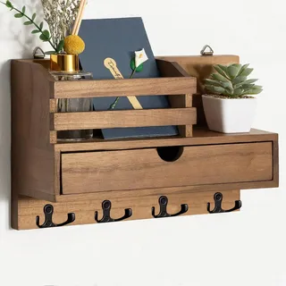 Irayin Schlüsselbrett Holz mit Ablage, Schlüsselhalter Holz mit 4 Doppel Schlüsselhaken und Aufbewahrungsschublade, Wand Schlüsselboard für Eingangsbereich, Flur, Wohnzimmer, Büro - Braun