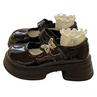 JXpxbao Mary Jane-Schuhe Für Damen Mit Dicker Sohle, Retro-Schnalle, Flache Mit Runder Spitze, Flacher Mund, Japanische SüßeLolita Prinzessin (40,schwarz) - 40 EU