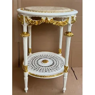 Casa Padrino Barock Beistelltisch Weiß / Gold / Creme - Runder Antik Stil Tisch mit Marmorplatte Barockstil Wohnzimmer Möbel im Barockstil Barock Möbel