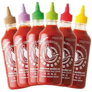 FLYING GOOSE Sriracha scharfe Chilisaucen Mischkarton in 6 Geschmacksrichtungen, Würzsaucen aus Thailand zum Würzen, Dippen und Verfeinern, 6 x 455ml Multipackung