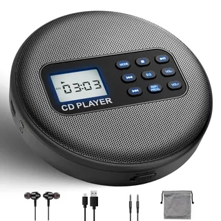 Denash Tragbarer CD-Player, Wiederaufladbarer Bluetooth-Stereo-Musikplayer mit Lautsprechern, Spielt CD/CD-R/MP3-Discs ab, für den Einsatz Im Auto und zu Hause