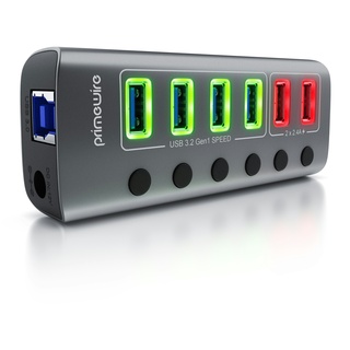 Primewire - USB 3.2 Gen.1 6 Port Hub aktiv schaltbar - mit Netzteil - 4 x USB 3.2 Gen1, 2X USB 3.0 mit smart Charge (Ladeports) - Alugehäuse grau