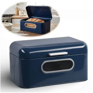 LS-LebenStil Brotkasten Vintage Brotbox 30cm Metall mit Deckel Retro Brot Aufbewahrung, Metall, (Klapp-Deckel Küche Aufbewahrungskorb mit Holz Griff, 1-tlg., Aufbewahrungsbox Nostalgie Brotkorb zum Frischhalten) blau