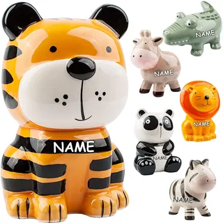 alles-meine.de GmbH große XL Spardose - lustige Tiere - inkl. Name - stabile Sparbüchse - aus Porzellan/Keramik - mit Verschluss - 18 cm - Sparschwein - für Kinder & Erwachsene..