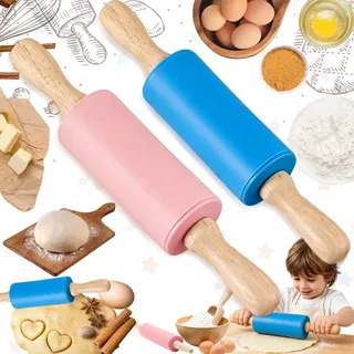 SUpoetry 2 Stück Backrolle Nudelholz Silikon Nudelholz, 23cm Kinder Mini Nudelholz, Antihaft Teigrolle Backzubehör mit Holzgriff, Teigrolle Klein für Kuchen Backen Pizza Fondant Cookie (Blau + Rosa)