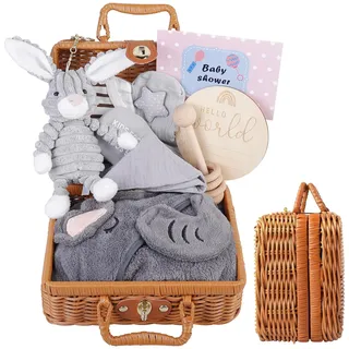 Neugeborenen Geschenkkorb: 9 in 1 Baby Geschenkset Geburt, Babyparty Geschenk mit Baby Dreieckstuch, Körbe, Geburtskarten, Grußkarten, Socken, Plüschtiere, Kleidung, Babydecken, Holzrassel