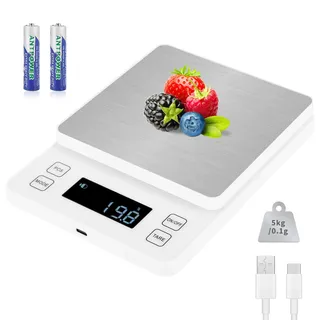 Howeifull Digitale Küchenwaage 0.1g genau, 5kg Hochpräzise Waage Küche Digital mit 10 Einheiten, Edelstahl-Wägeplattform, USB-C aufladbar Digitalwaage Küchenwage,Weiß