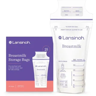 Lansinoh Breast Milk Storage Bags Breastmilk Pouches for fridge or freezer use, store flat or standing, BPA and BPS free, pre-sterilised, double zipper seal, Pack of 25