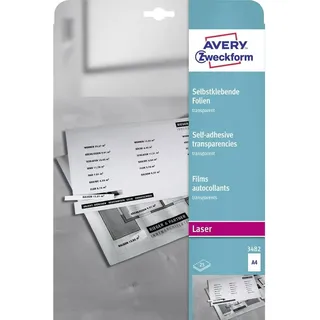 AVERY Zweckform 3482 Transparente Folien für Laserdrucker und Kopierer (25 selbstklebende Folien, A4, mattierte Oberfläche, hervorragend bezeichenbar, stapelverarbeitbar, Folienstärke 0,14mm)