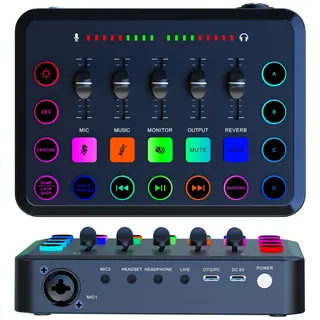 Audio Interface, Gaming Mischpulte Mit Sprachwechsler, Digital Streaming Mixer, Professionelle Live-Soundkarte, DJ Mischer, Externes Sound Board für Podcast Gaming (Schwarz)