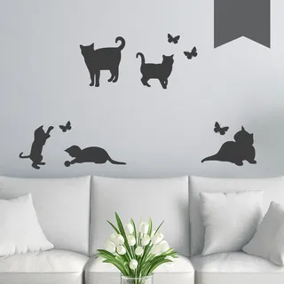 WANDKINGS Wandtattoo - 5 Katzen und 4 Schmetterlinge - 32 x 40 cm - Dunkelgrau - Wähle aus 5 Größen & 35 Farben