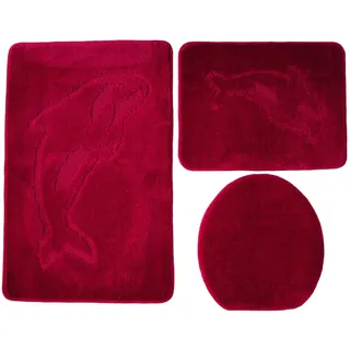 Ilkadim Export 3- teiliges Badvorleger Set Delphin Muster, Bad Teppich 55cm X 85cm ohne Auschnit gerade für Hänge WC (Bordeaux)