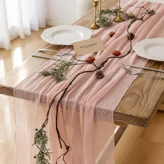 FOLAI Boho Tischläufer aus Käsetuch Table Runner Table Cloth – Rustikale Hochzeitstischdeko für Brautdusche, Geburtstag & Feiern (90x300cm) – Öko-Baumwolle & Wiederverwendbar( Rosa )