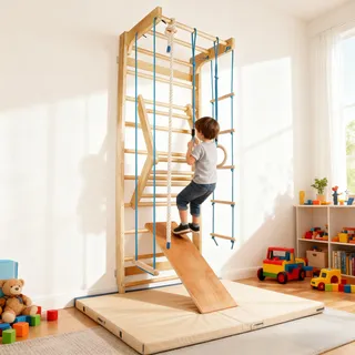 CCLIFE Sprossenwand Turnwand Gym Klettergerüst Holz Sportgerät Kletterwand mit Stange Fitness Kinder Erwachsener ZERRO