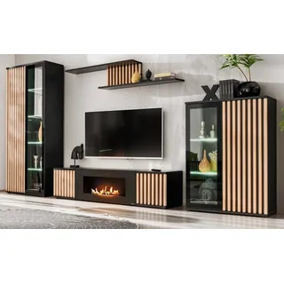furn.design Wohnwand "Morgan" in schwarz und Jackson Eiche Schrankwand mit Kamin, inkl. Beleuchtu