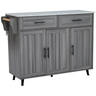 MODFU Sideboard Anrichte Küchenschrank Speisewagen (Kücheninsel, Servierwagen, Küchenschrank, 1 St., 5 Räder, 3 Tür), mit Ausziehbare Arbeitsplatte,Massivholzbeine umschaltbar grau 120 cm x 91.5 cm x 46 cm