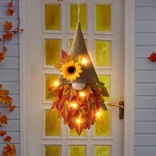 Türkranz Herbst, Herbstkranz Gnom mit Lichterkette Herbst Deko Kranz Herbstkranz Haustür mit LED Licht wichtel Herbstkränze WandKranz Türkranz Außen Herbstdeko Innen für Haustür Wand (1pc)