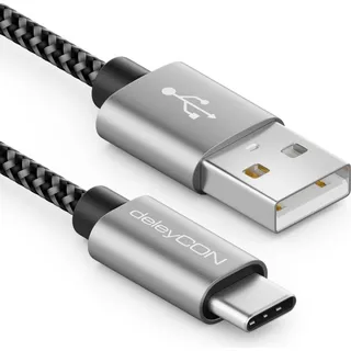 deleyCON 2m Nylon USB-C Kabel Ladekabel Datenkabel USB Typ C Metallstecker Laden & Synchronisieren von Handy & Smartphone