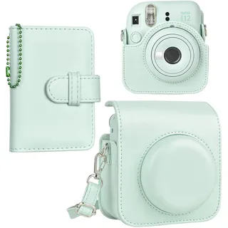 HIYQIN Tasche für Instax Mini 12, Premium PU-Leder Schutzhülle mit Schultergurt und Mini Fotoalbum für 3-Inch Film Kompatibel mit Fujifilm Instax Mini 12 Sofortbildkamera - Grün