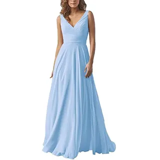 yhfshop Damen Festliche Kleider Maxi Hochzeit,Kleid aus Chiffon mit doppelter Schulter und V-Ausschnitt, A-Linien-Partykleid-Light Blue E_46,Damen Abendkleider Lang
