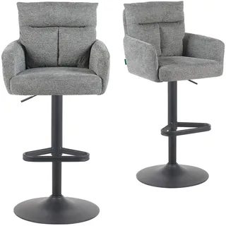 DUBI Möbel 2er Set Barhocker Höhenverstellbar, 360° drehbar, Barstuhl mit Rückenlehne & Armlehnen, ergonomisch gepolstert, stabiles Metallgestell in Schwarz, Stoff Grau, Modell Aris