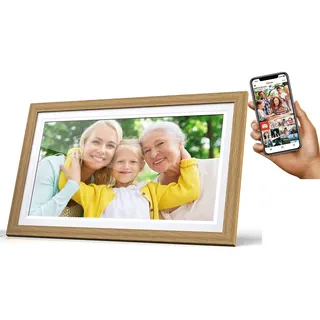 Cytem Digitaler Bilderrahmen 15.6 Zoll mit WLAN & Frameo App, 64GB Speicher, Bewegungssensor, automatische Bilddrehung, IPS Touchscreen 1920x1080, Mittelbraun Holzoptik