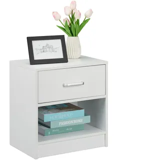 Relaxdays Nachttisch, Schublade, offenes Fach, HBT: 41,5 x 39 x 31 cm, Nachttischschrank Schlafzimmer, Nachtkasten, weiß