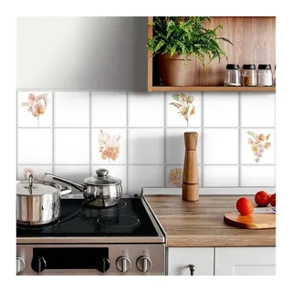 K&L Wall Art Fliesenaufkleber selbstklebend Klebefliese Set Botanik Herbst Deko Blume Vintage Küche rosa 15 cm x 15 cm