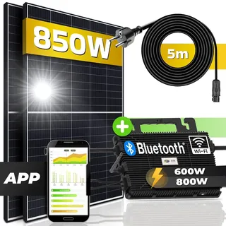 sunniva SUNNIVA® Balkonkraftwerk 850/800W Solaranlage mit Astro-Energy Micro Wechselrichter Wifi Bluetooth, upgradebar drosselbar, 2x 425W Solarmodule, 5m Kabel,