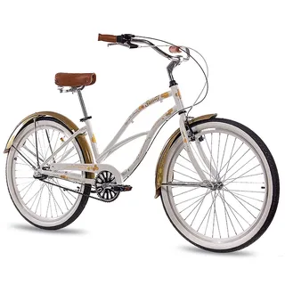 CHRISSON 26 Zoll Beachcruiser Sandy Weiss Gold mit 3 Gang Shimano Nexus Nabenschaltung, Damenfahrrad im Retro Look, Vintage Cruiser Bike