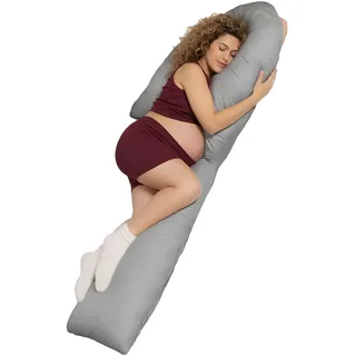 Traumreiter Schwangerschaftskissen J-XL mit Memory Foam und Bezug Grau, Visco und Watte Hybrid Seitenschläferkissen zum Schlafen, J-Form Stillkissen Schwangerschaft (Visco J XL)